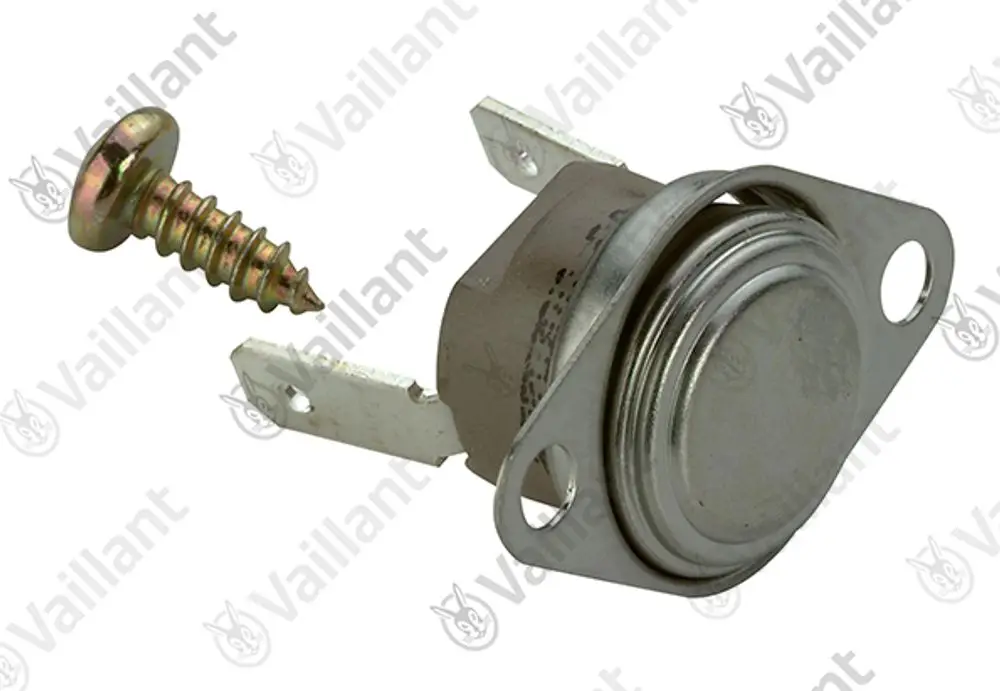 Vaillant Temperaturbegrenzer mit metallischer Abdeckung und zwei Anschlussklemmen, versehen mit einer Schraube.